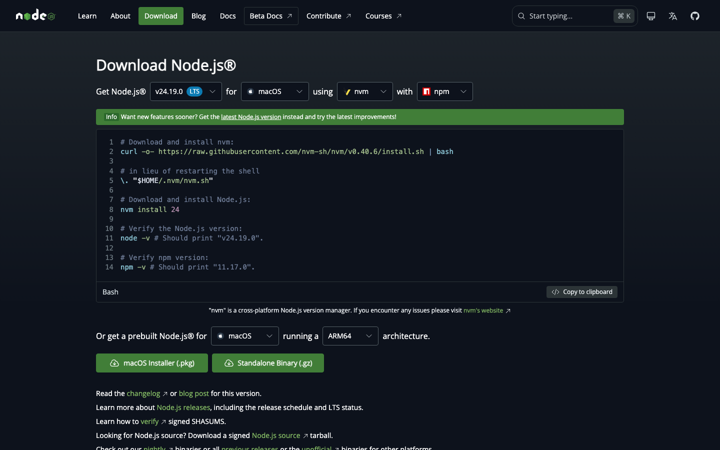 Node.js 下載頁，記得把作業系統選成 Windows 再下載 .msi 安裝檔